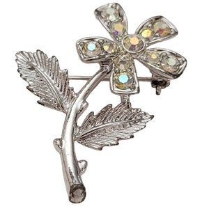Sarah Coventry Silver Tone AB Rhinestone Mini Fleur Flower Brooch, Signed E613